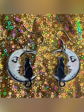 Black Cat on the Moon Acrylic Dangle Earrings 🐈‍⬛🌙